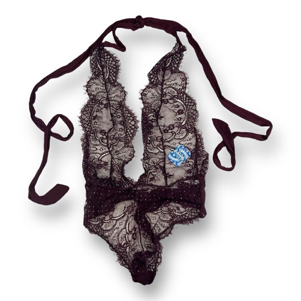 Free People Deep Plum Lace Halter Bodysuit